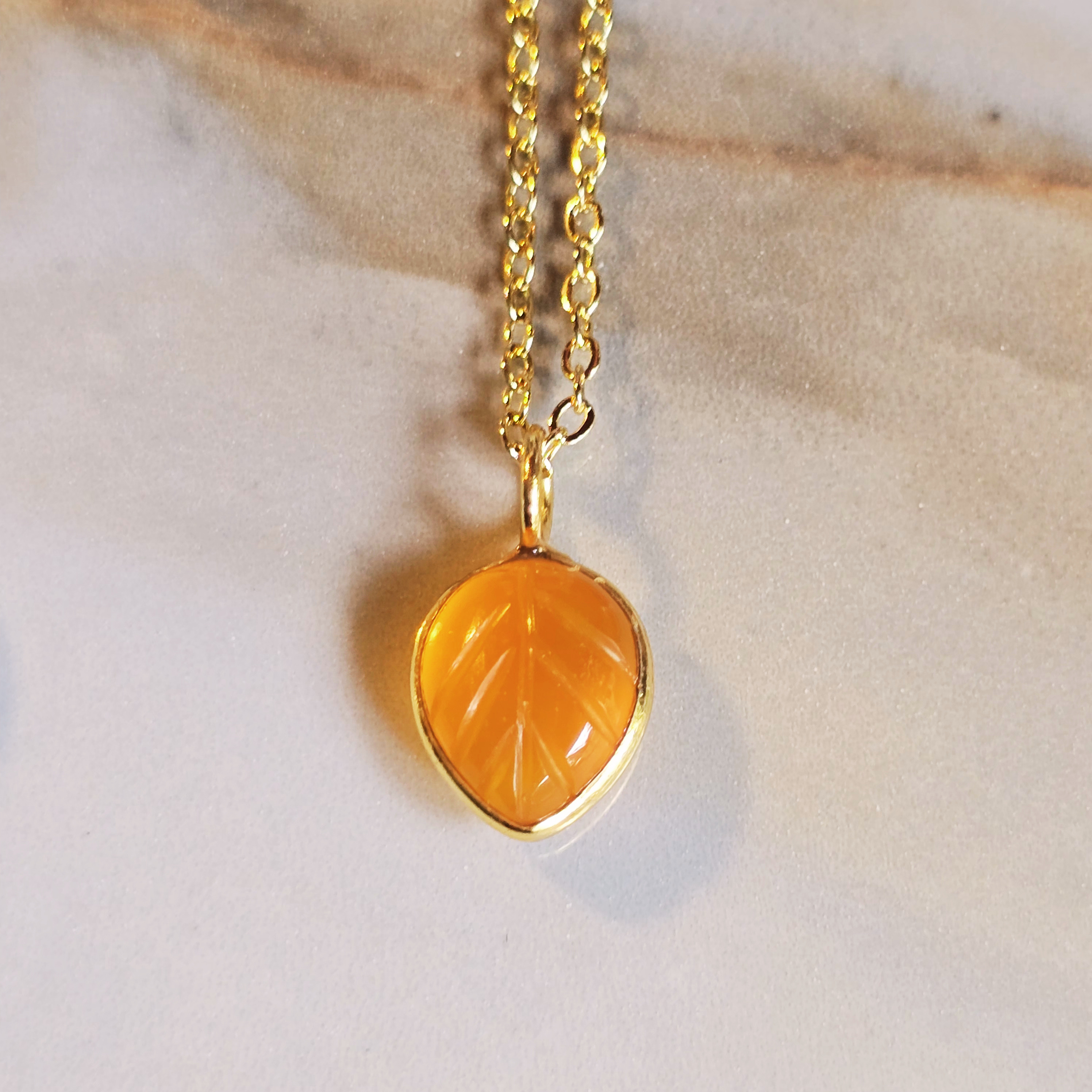 MOOCH London - Carved Gemstone Mini Leaf Pendant Necklace