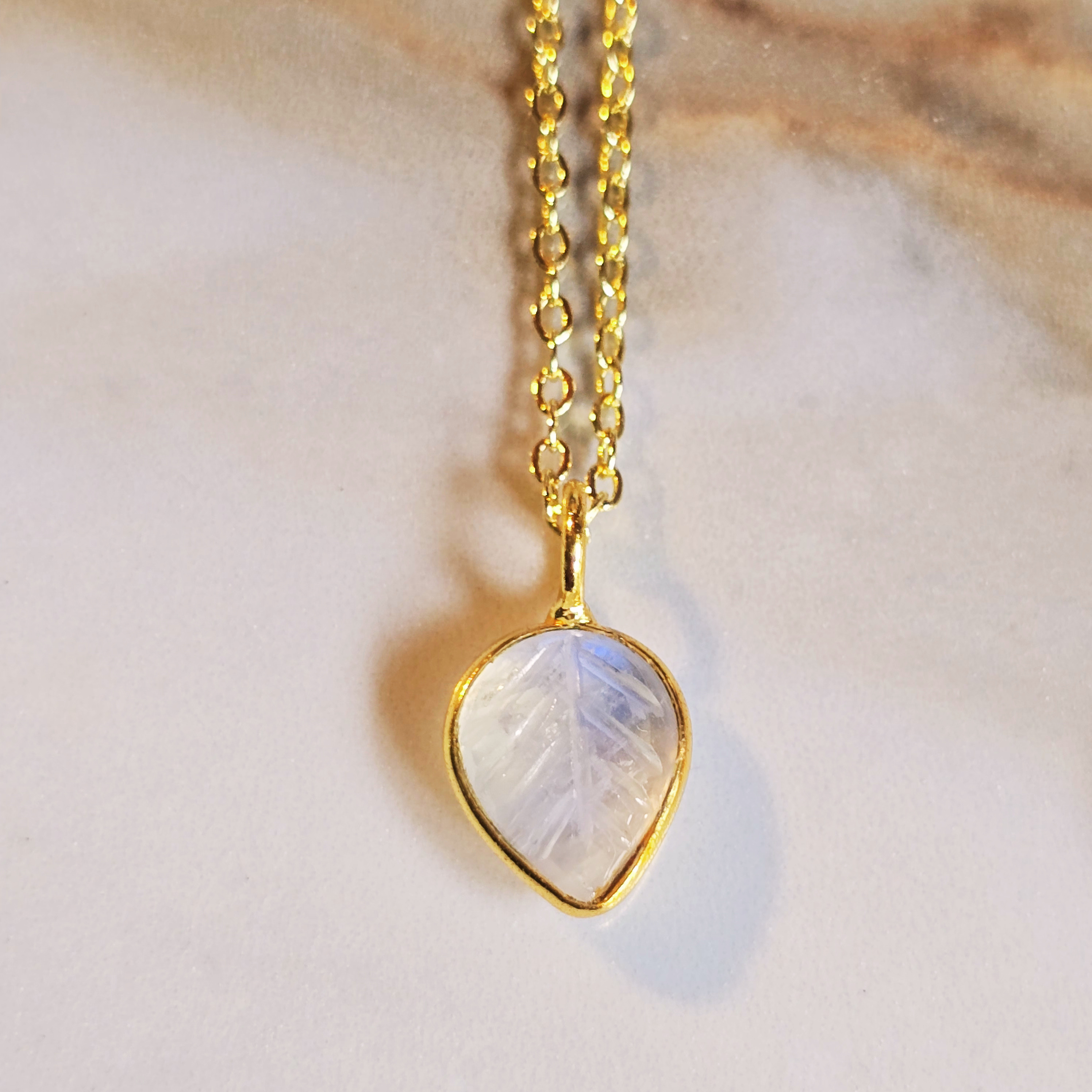 MOOCH London - Carved Gemstone Mini Leaf Pendant Necklace