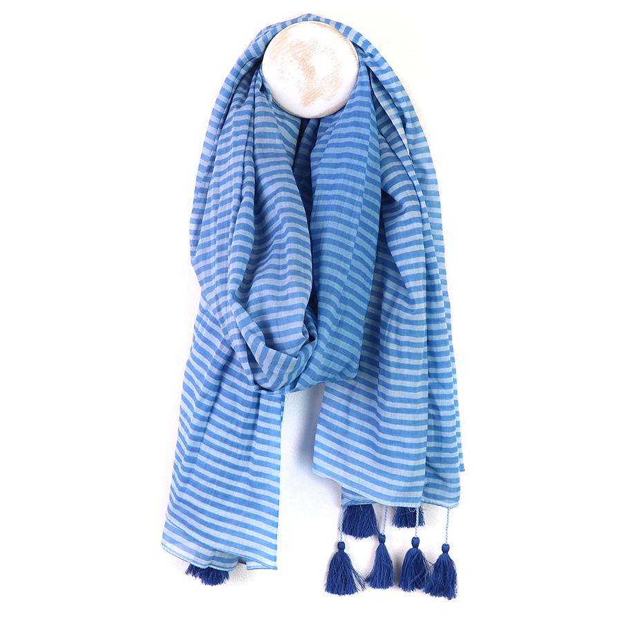 Blue Mix Striped Organic Cotton Scarf with Tassels