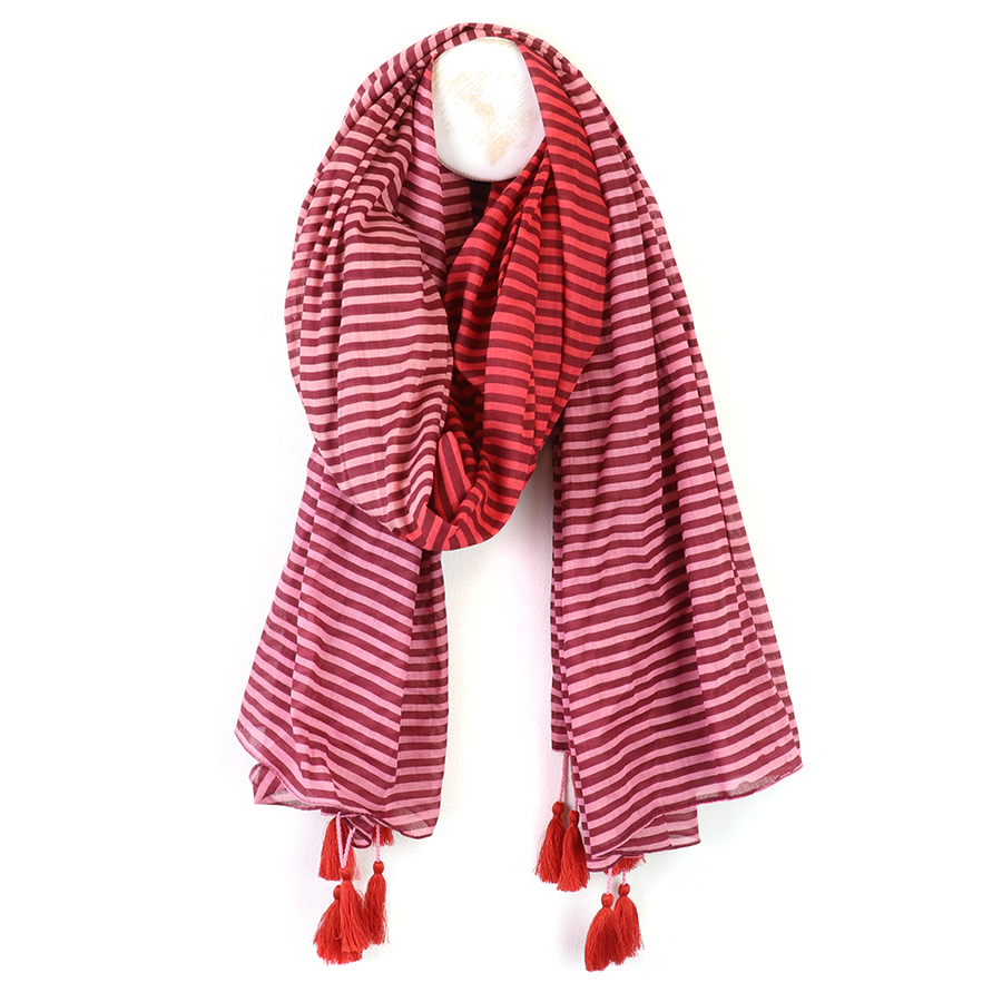 Red Mix Striped Organic Cotton Scarf with Tassels