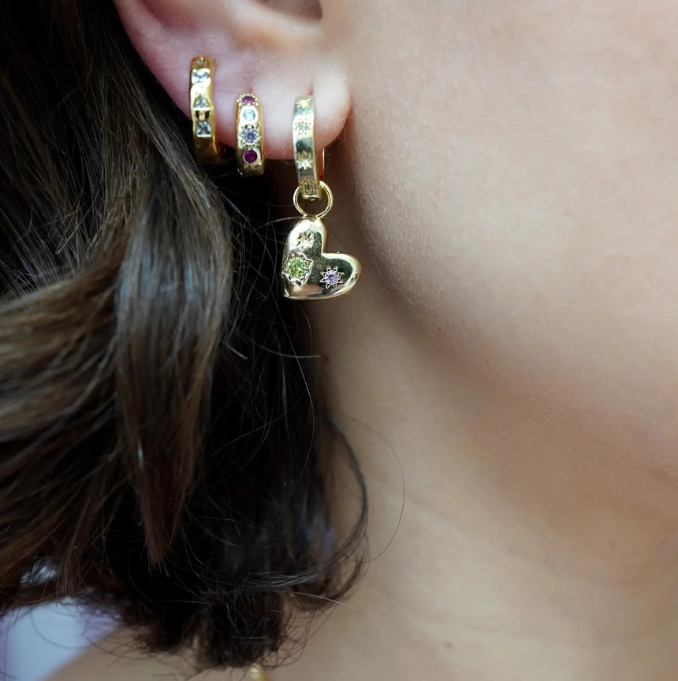 Pink & Green Floating Heart Earrings - Gold