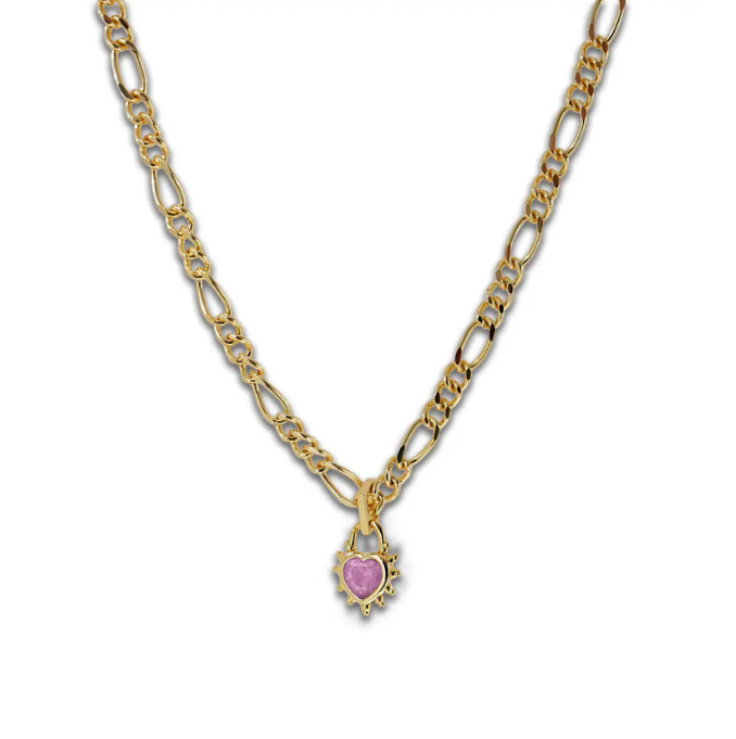 Pink Heart Chunky Figaro Necklace - Gold