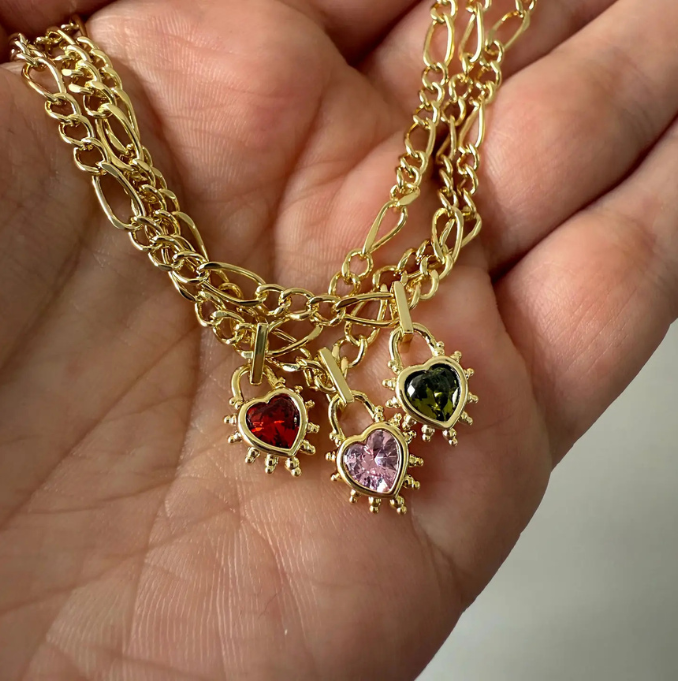 Pink Heart Chunky Figaro Necklace - Gold