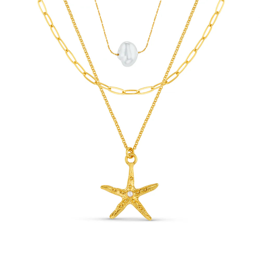 Orelia London - Starfish & Pearl 3-Row Necklace