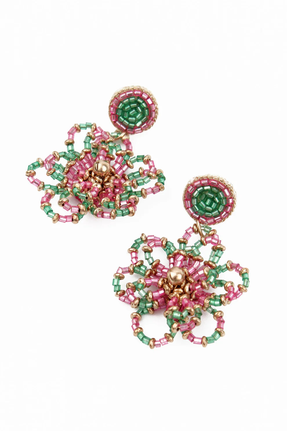 Pink & Green Flower Beaded Earrings