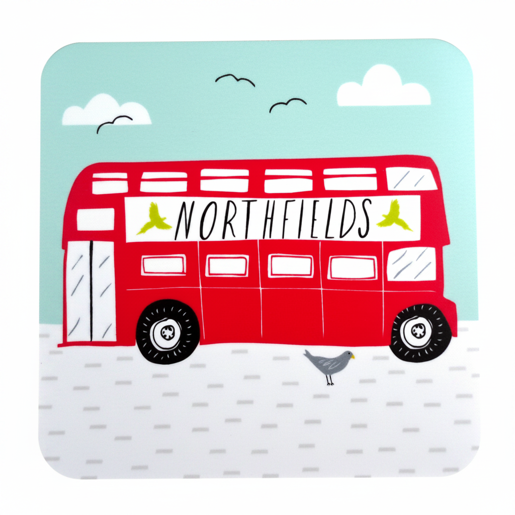 Coaster with a red bus design and 'NORTHFIELDS' text on a light blue background