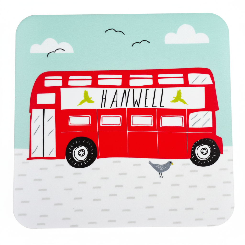 Coaster with a red bus design and 'Hanwell' text on a light blue background