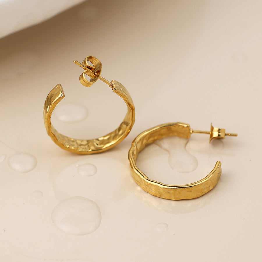 Waterproof gold plated beaten c-hoop earrings
