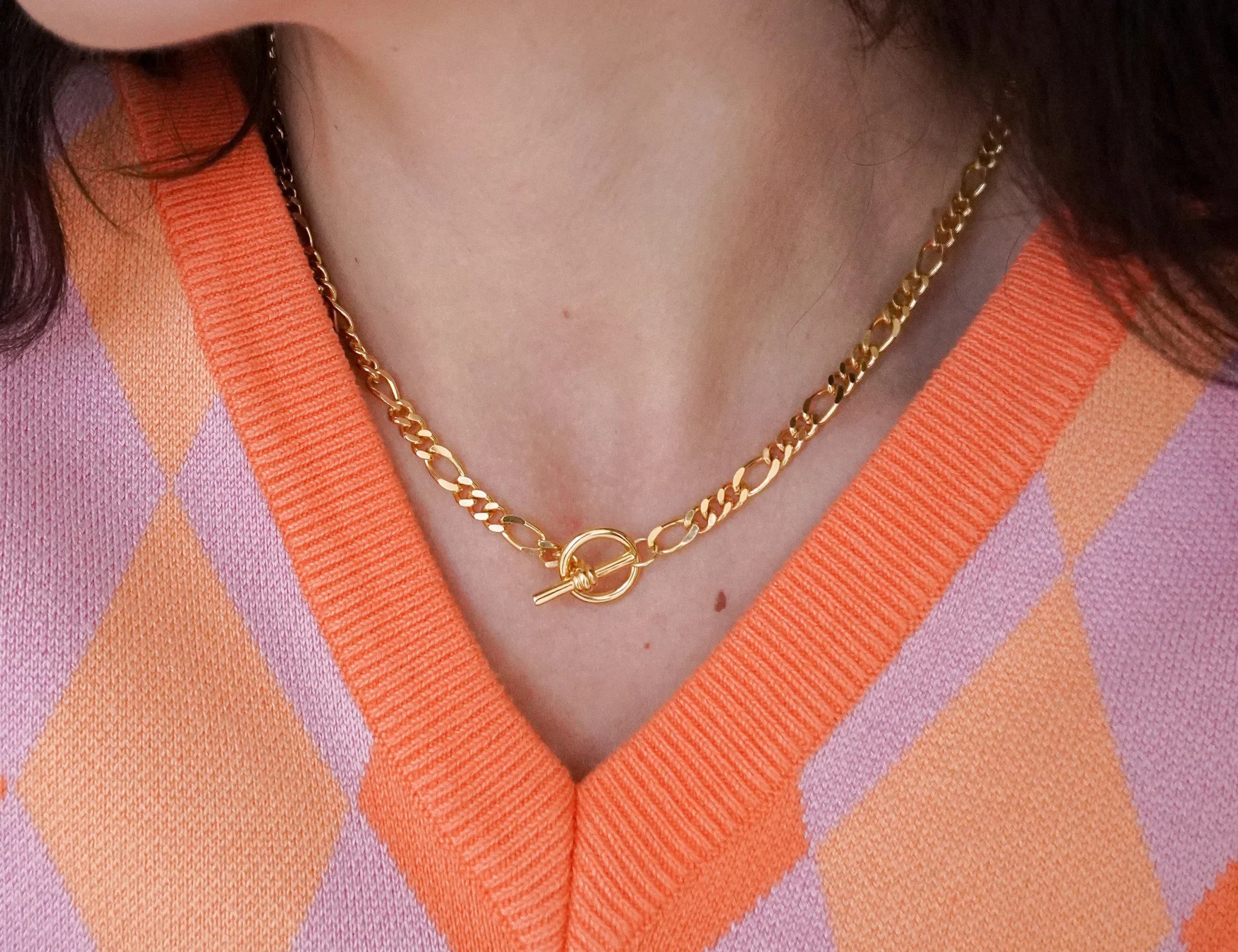 T-Bar Figaro Chain Necklace - Gold