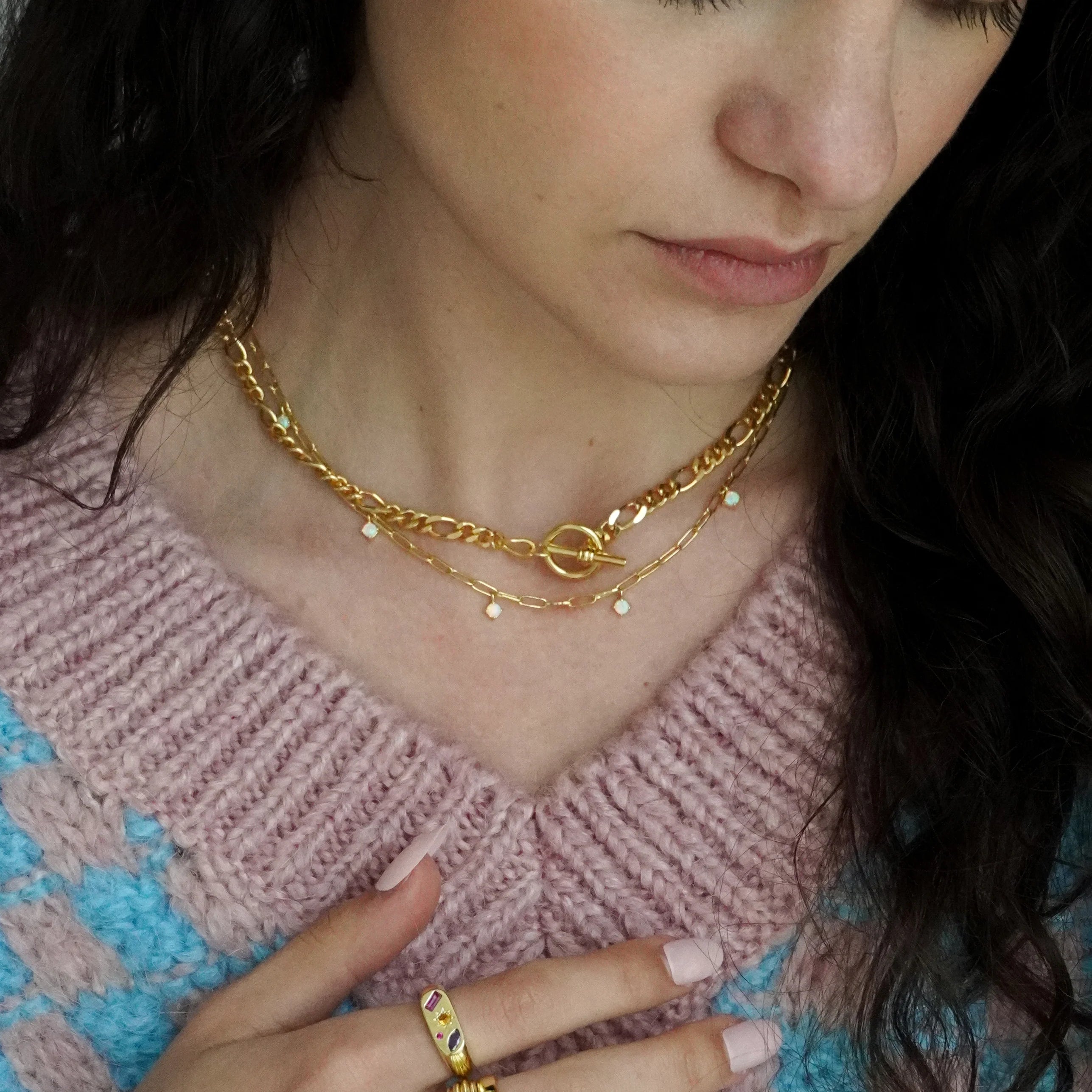 T-Bar Figaro Chain Necklace - Gold