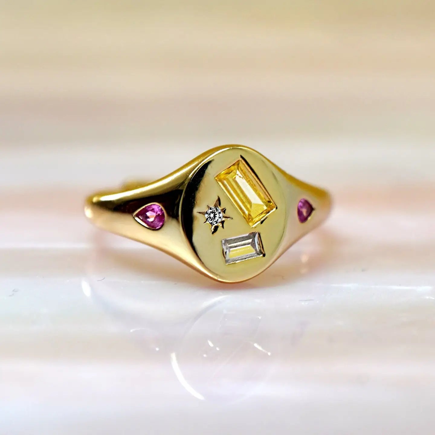 Multi Stone Jewelled Adjustable Signet Ring - Gold
