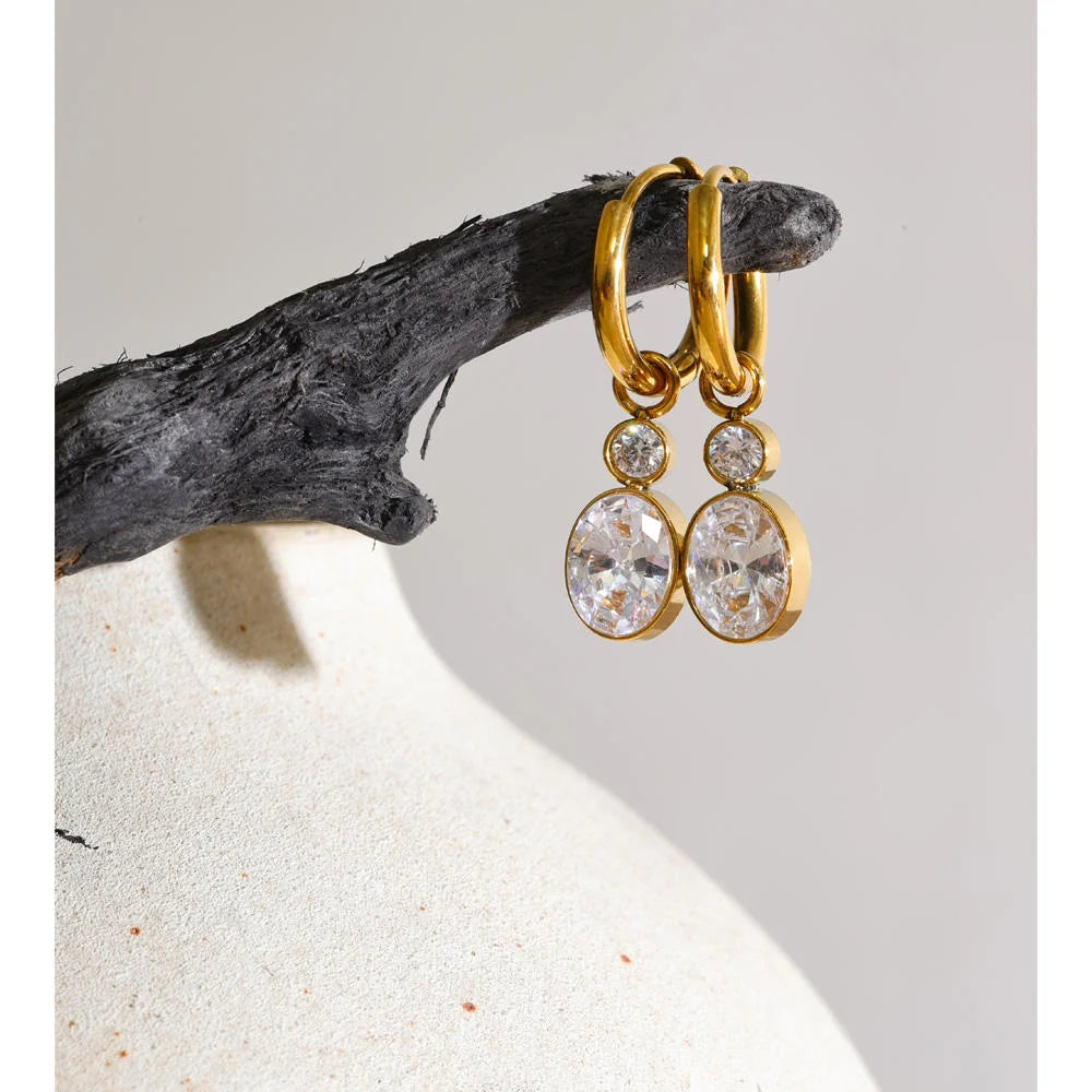 CZ Oval Drop Huggie Hoop Earrings