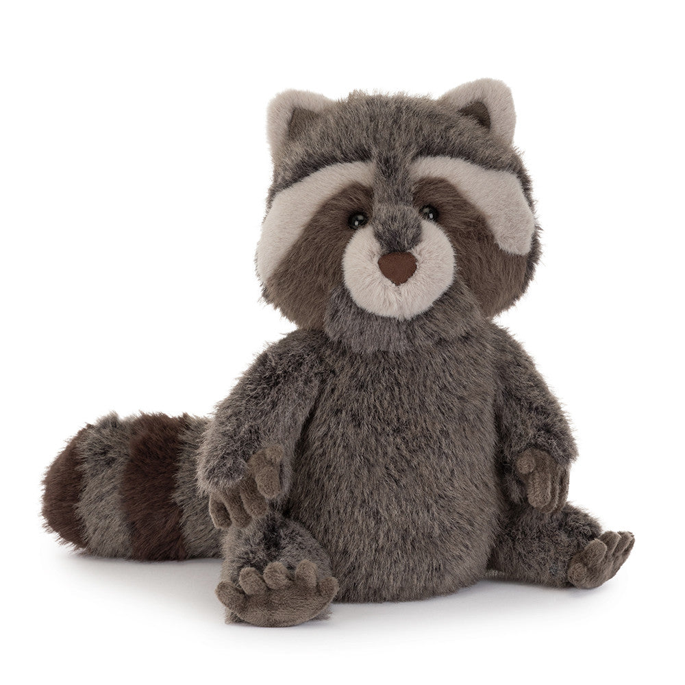 Jellycat Trixiwoo Raccoon soft toy with grey-brown fur, cream face markings and a bushy striped tail, angled view