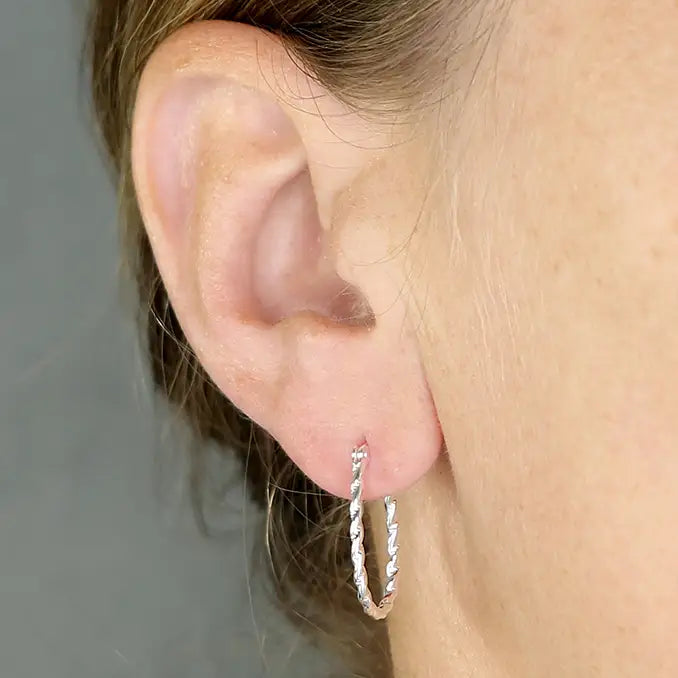 Oval Barley Twist Hoop Earrings - Silver