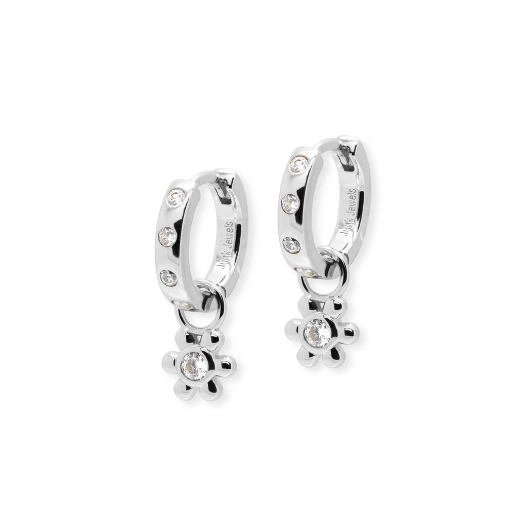 Mini Daisy Charm Hoop Earrings - Silver