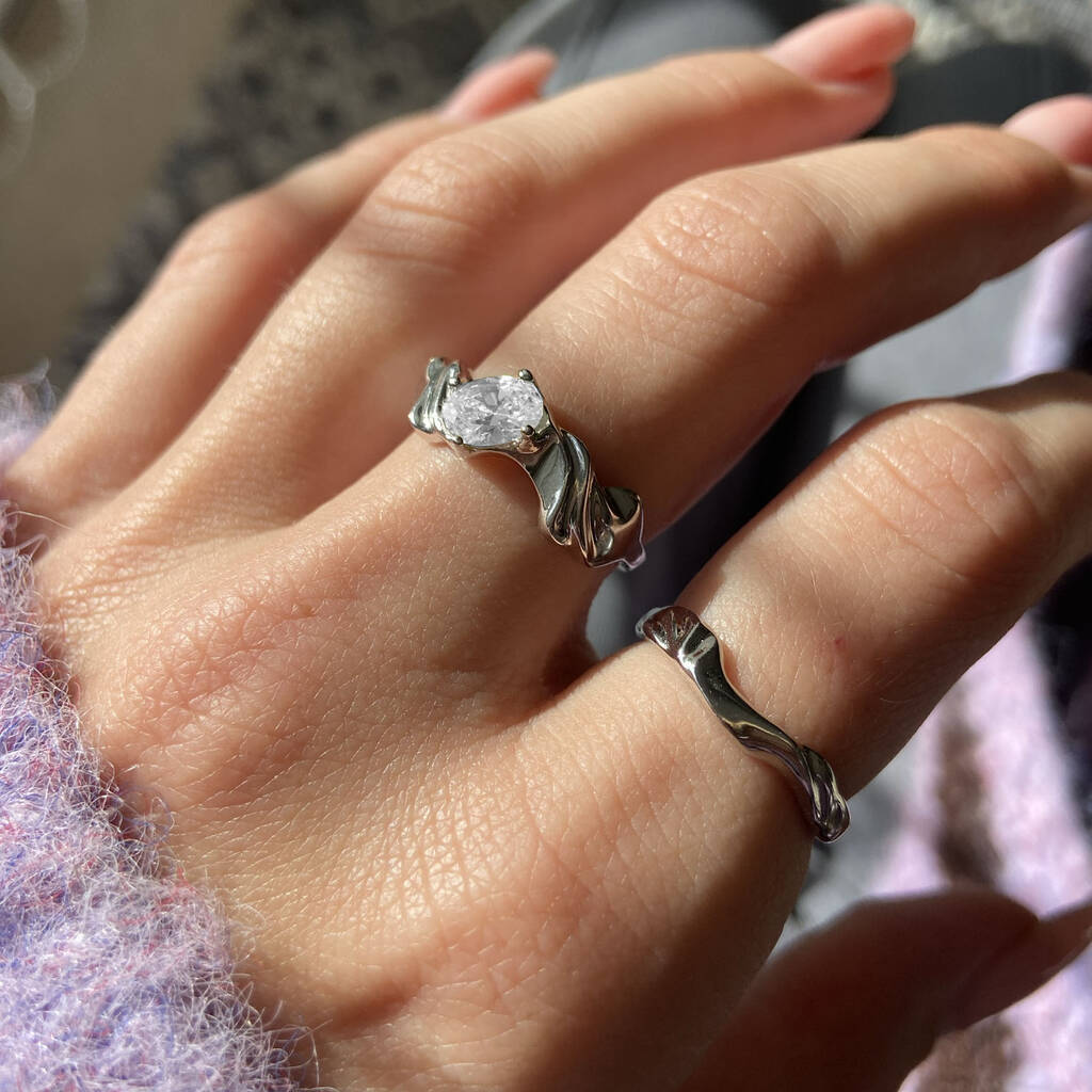 Molten Jewelled Adjustable Ring - Silver