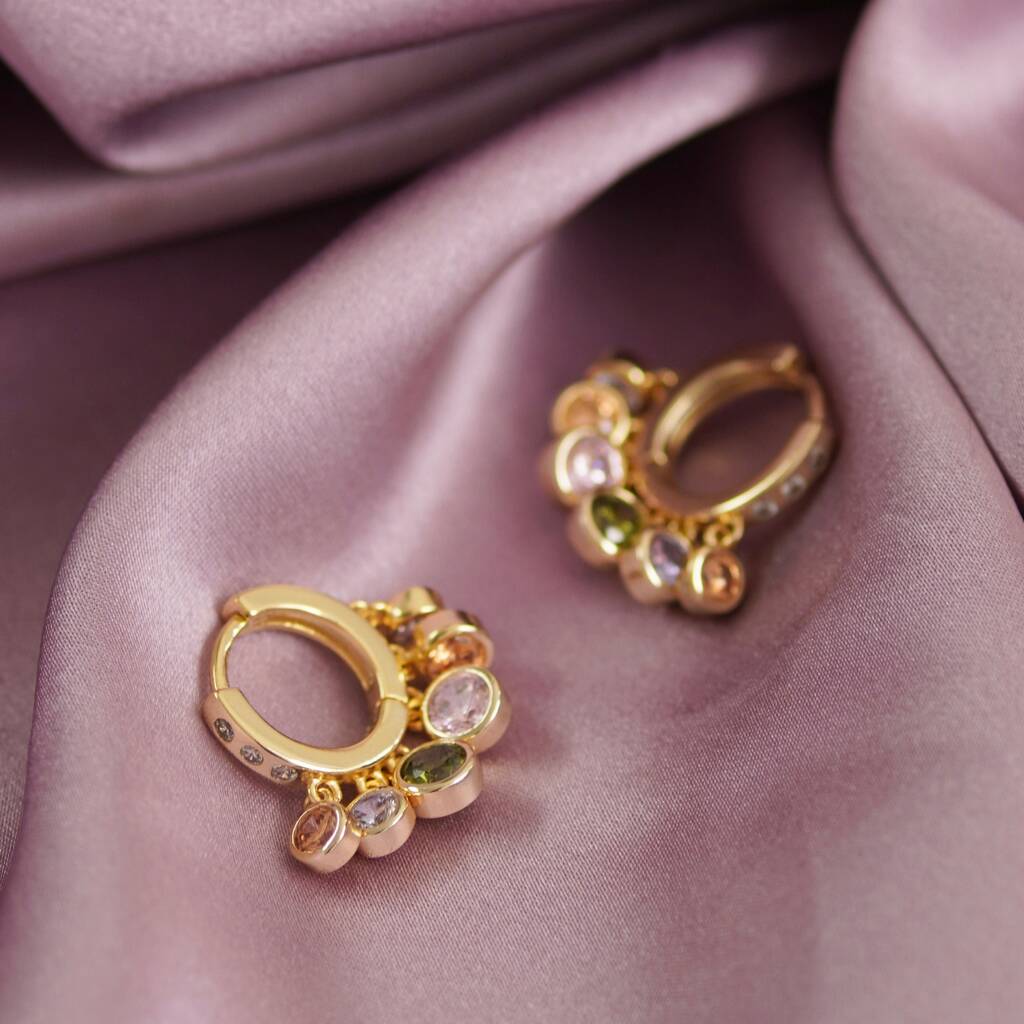 Pastel Stone Drop Hoop Earrings - Gold
