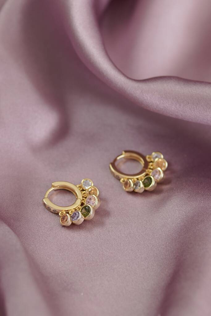 Pastel Stone Drop Hoop Earrings - Gold