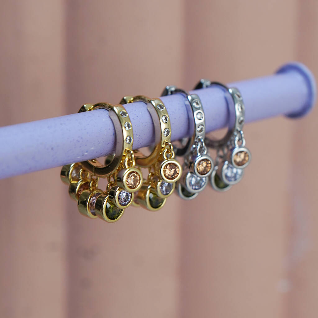 Pastel Stone Drop Hoop Earrings - Silver