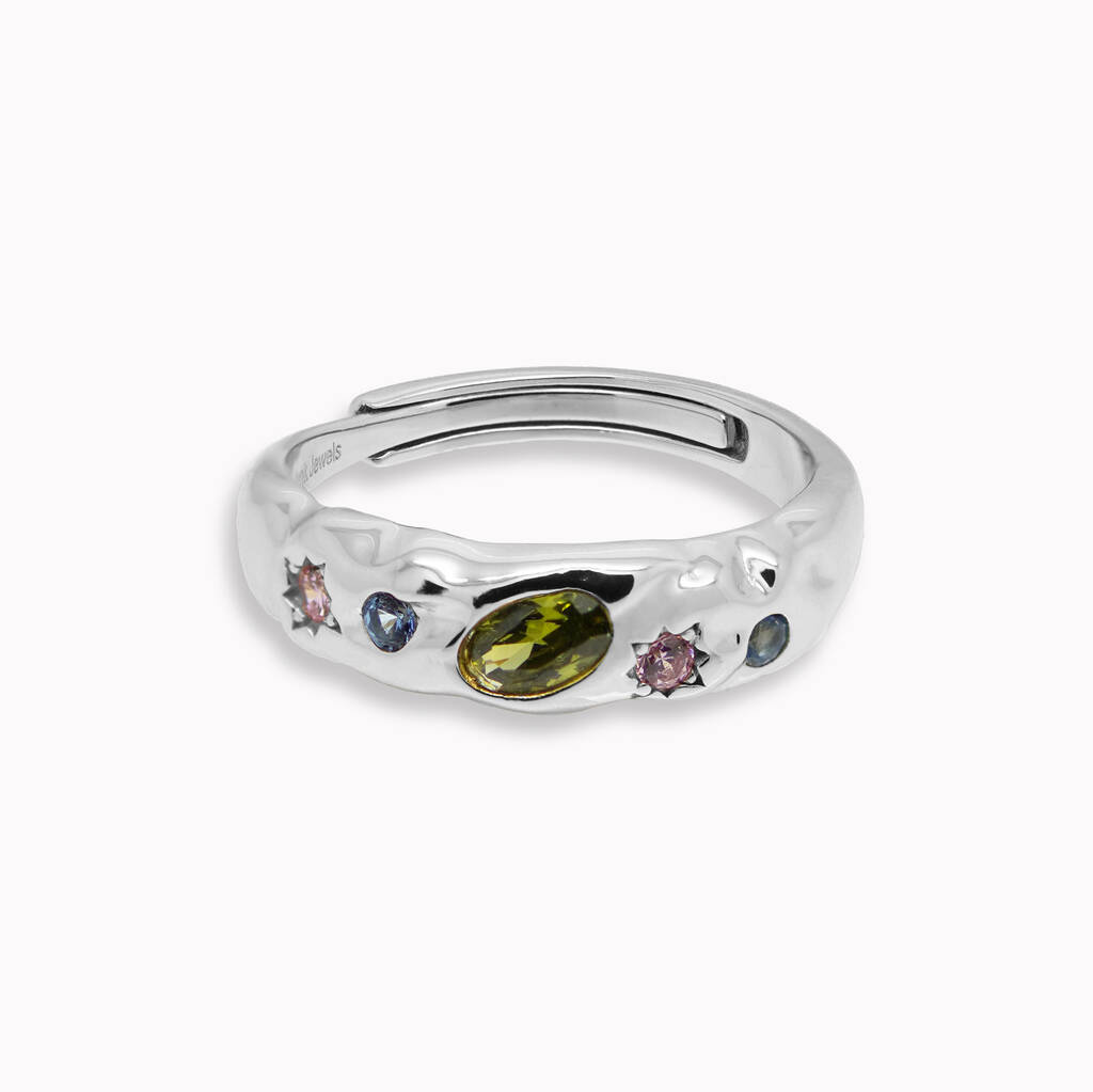 Pastel Stone Scatter Adjustable Ring - Silver