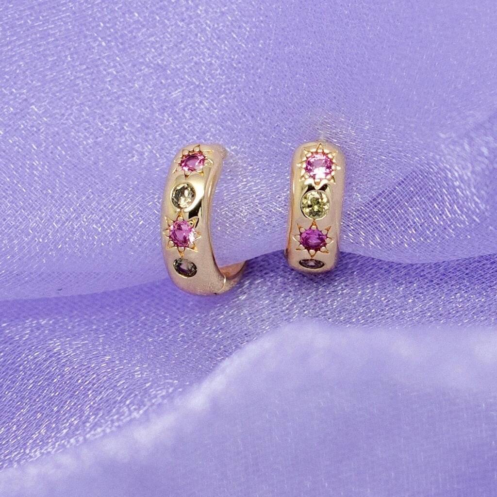 Pink & Green Petite Hoop Earrings - Gold