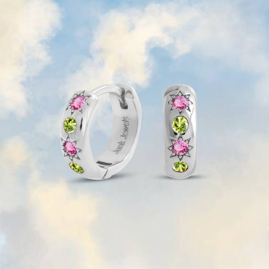 Pink & Green Petite Hoop Earrings - Gold