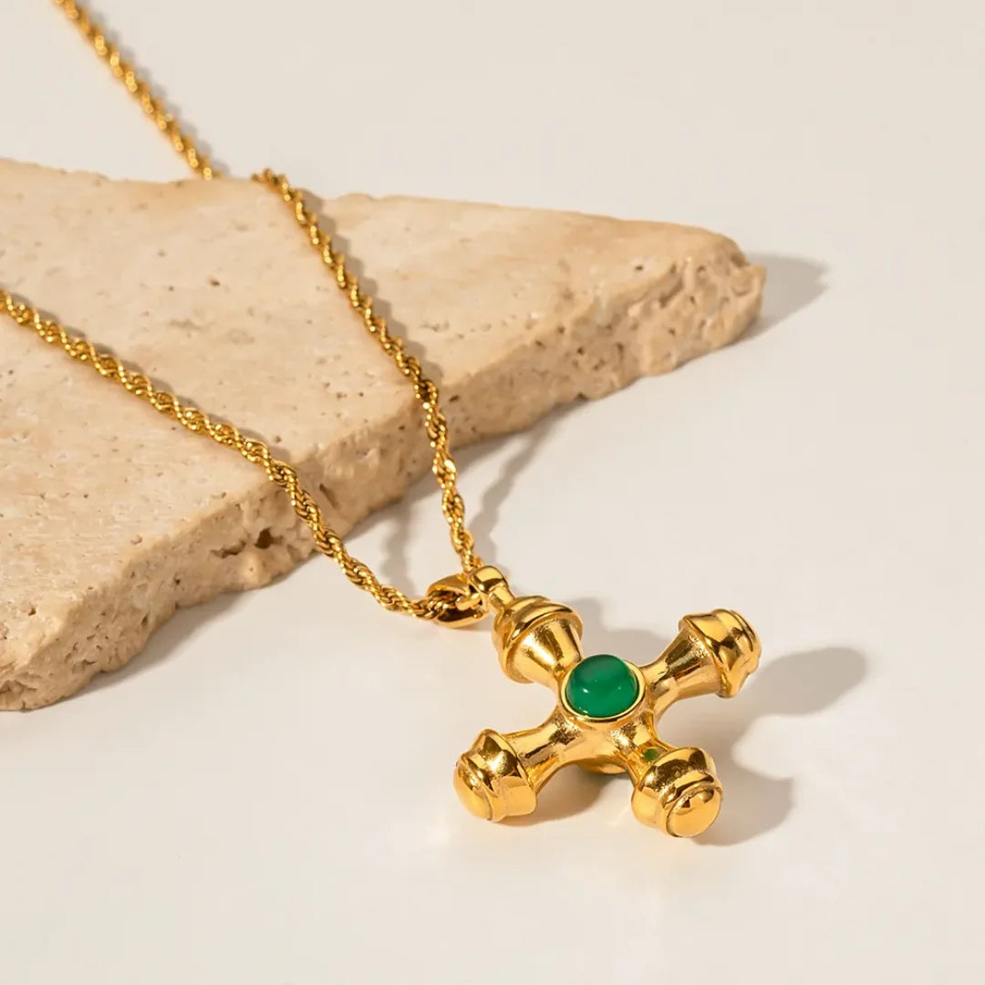 Green Stone Cross Necklace