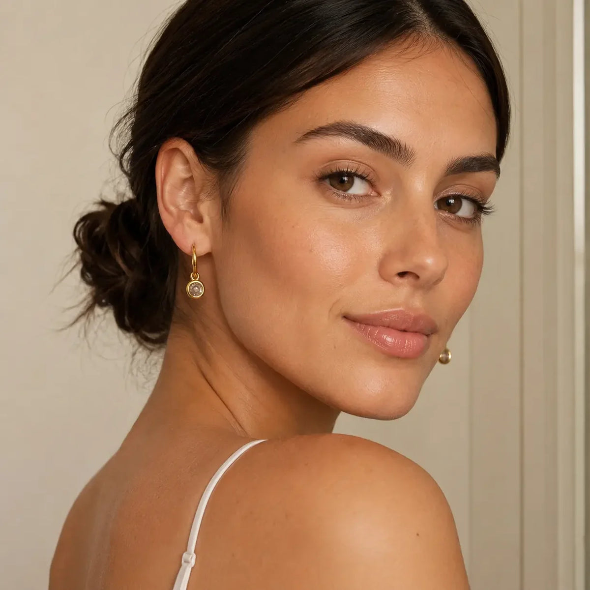 Bezel Set CZ Drop Huggie Hoop Earrings