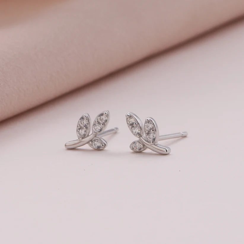Crystal Leaf Earrings - Silver