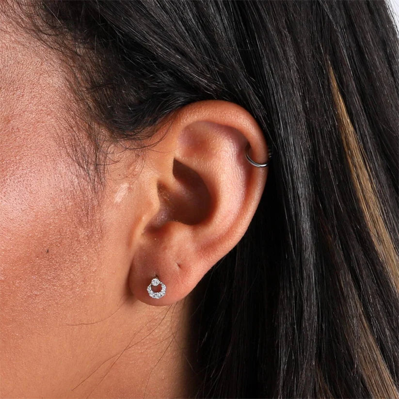 Crystal Circle Moon Earrings - Silver