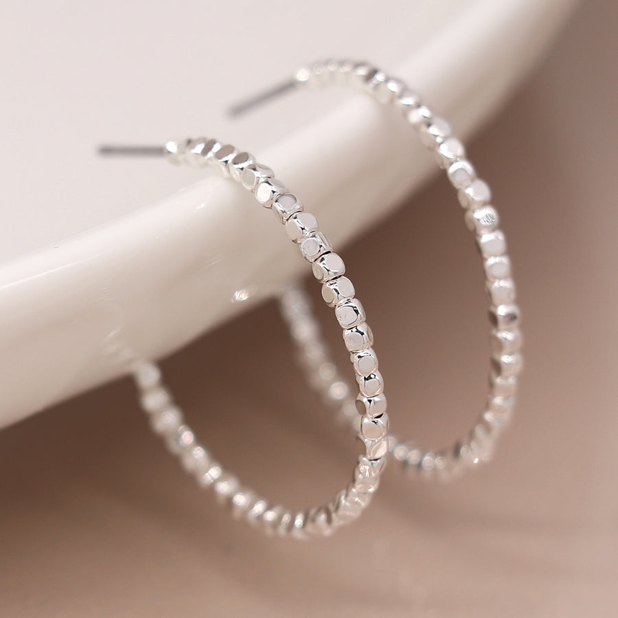 Cube Bead Hoop Earrings - Silver