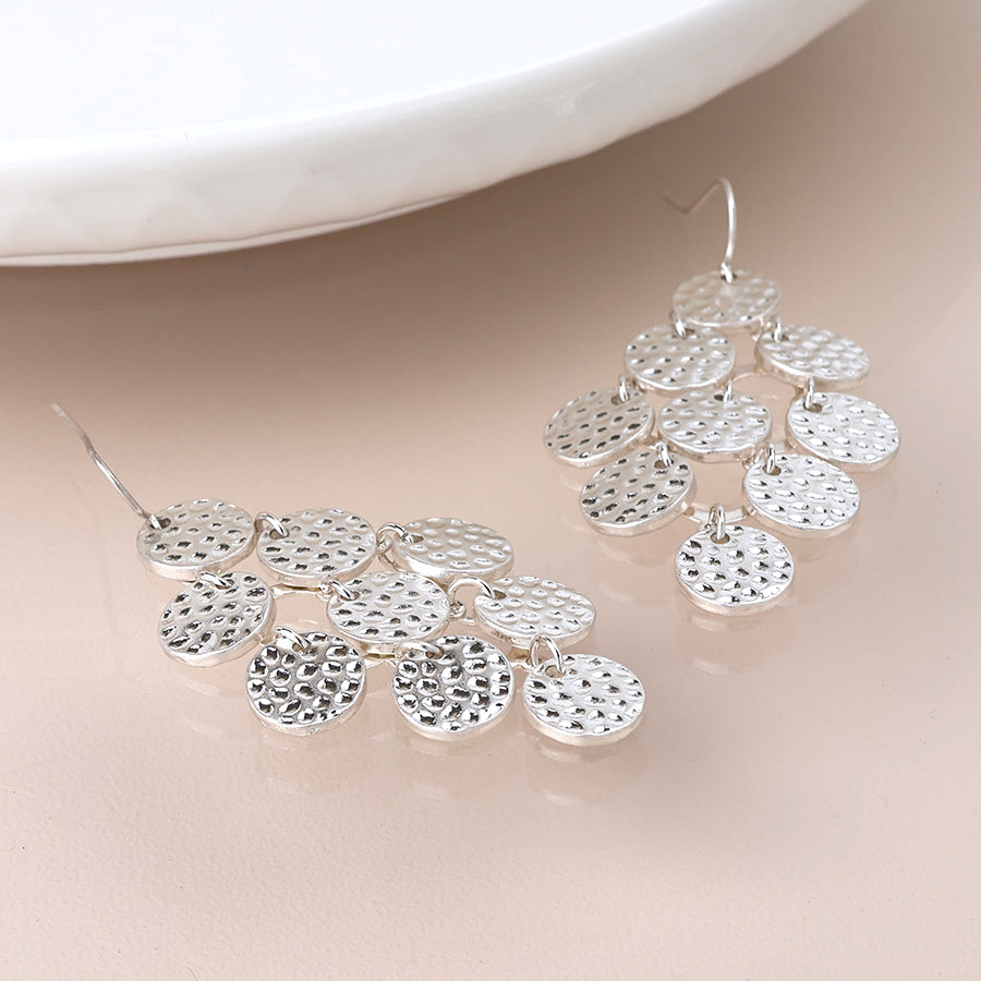Hammered Disc Drop Earrings - Silver
