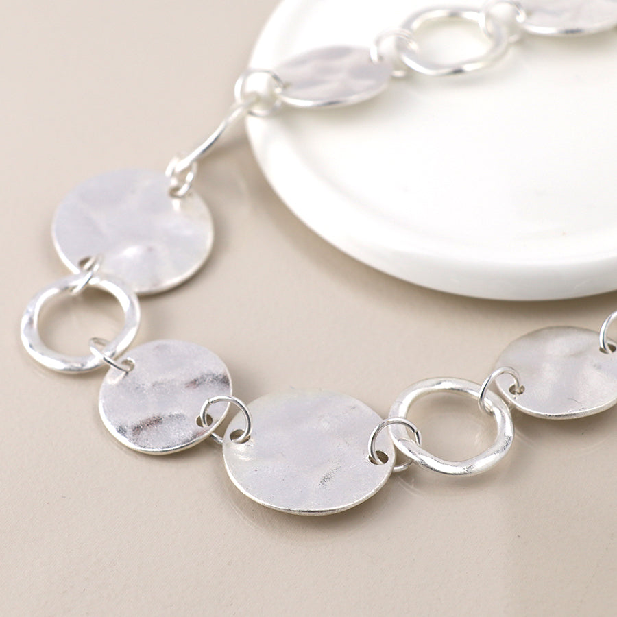 Silver Lightly Hammered Discs and Hoops Necklace