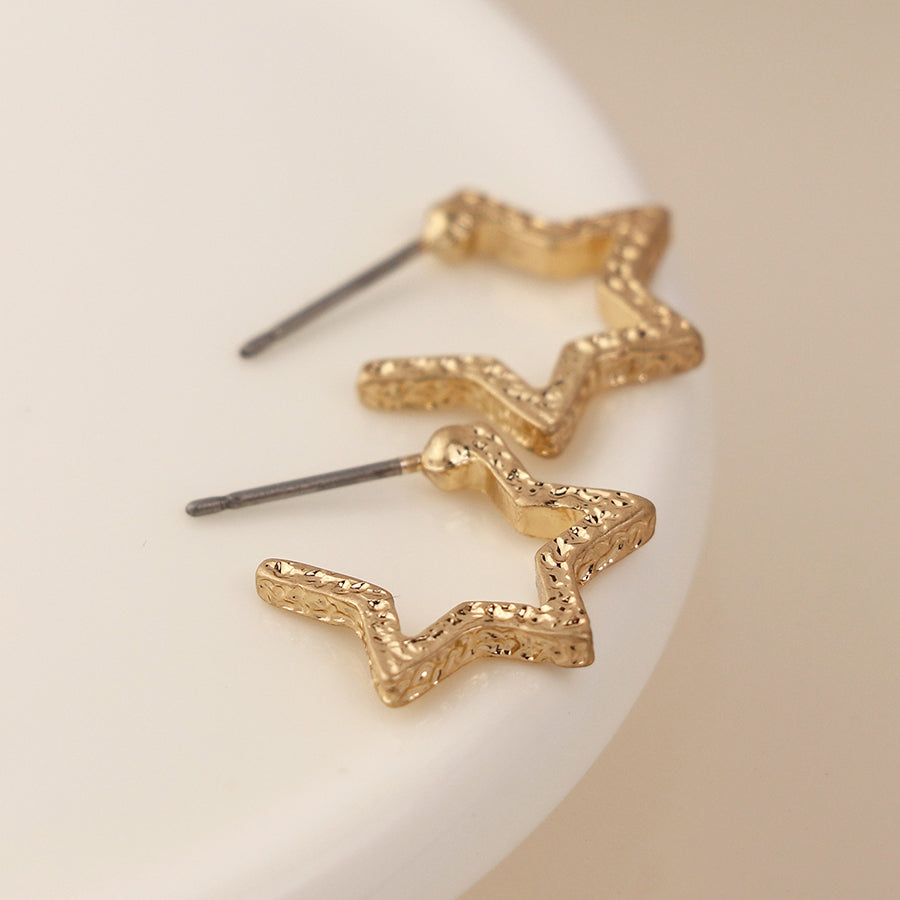 Textured Star Hoop Earrings - Gold
