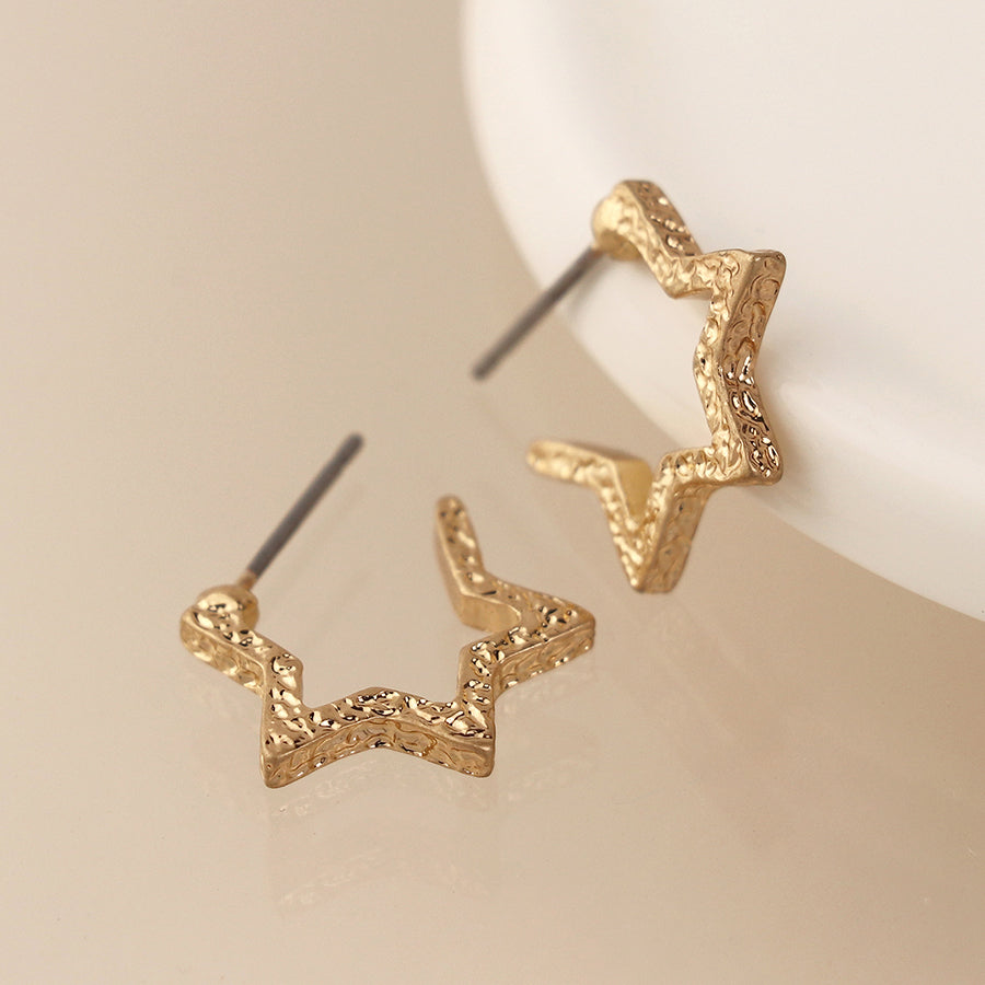 Textured Star Hoop Earrings - Gold