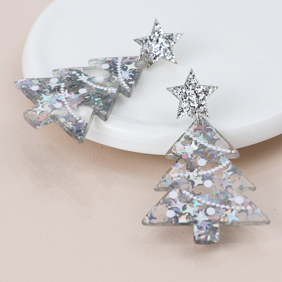 Sparkle Acrylic Tinsel Xmas Tree Earrings