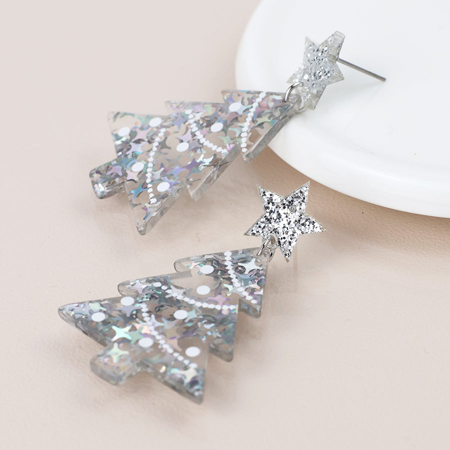 Sparkle Acrylic Tinsel Xmas Tree Earrings