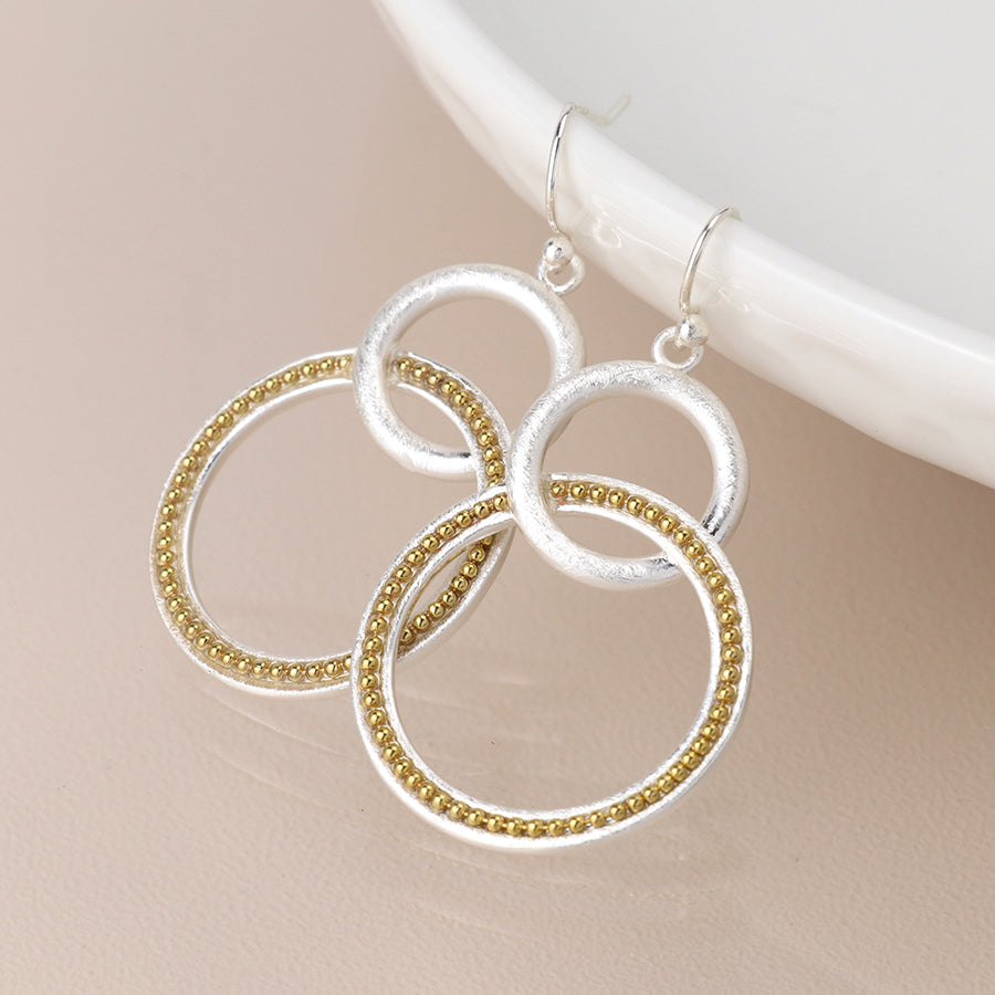Double Loop & Gold Bead Earrings - Silver