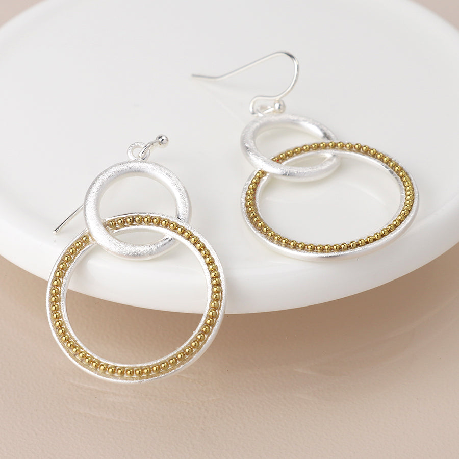 Double Loop & Gold Bead Earrings - Silver