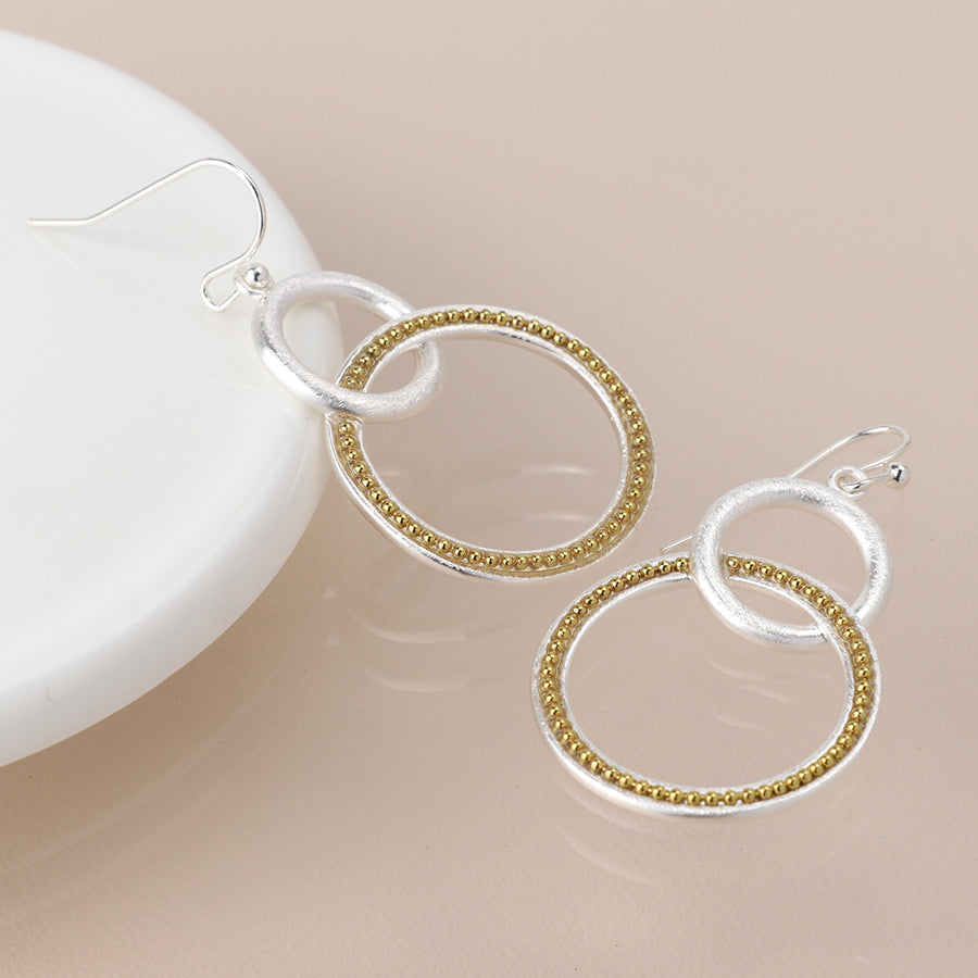 Double Loop & Gold Bead Earrings - Silver