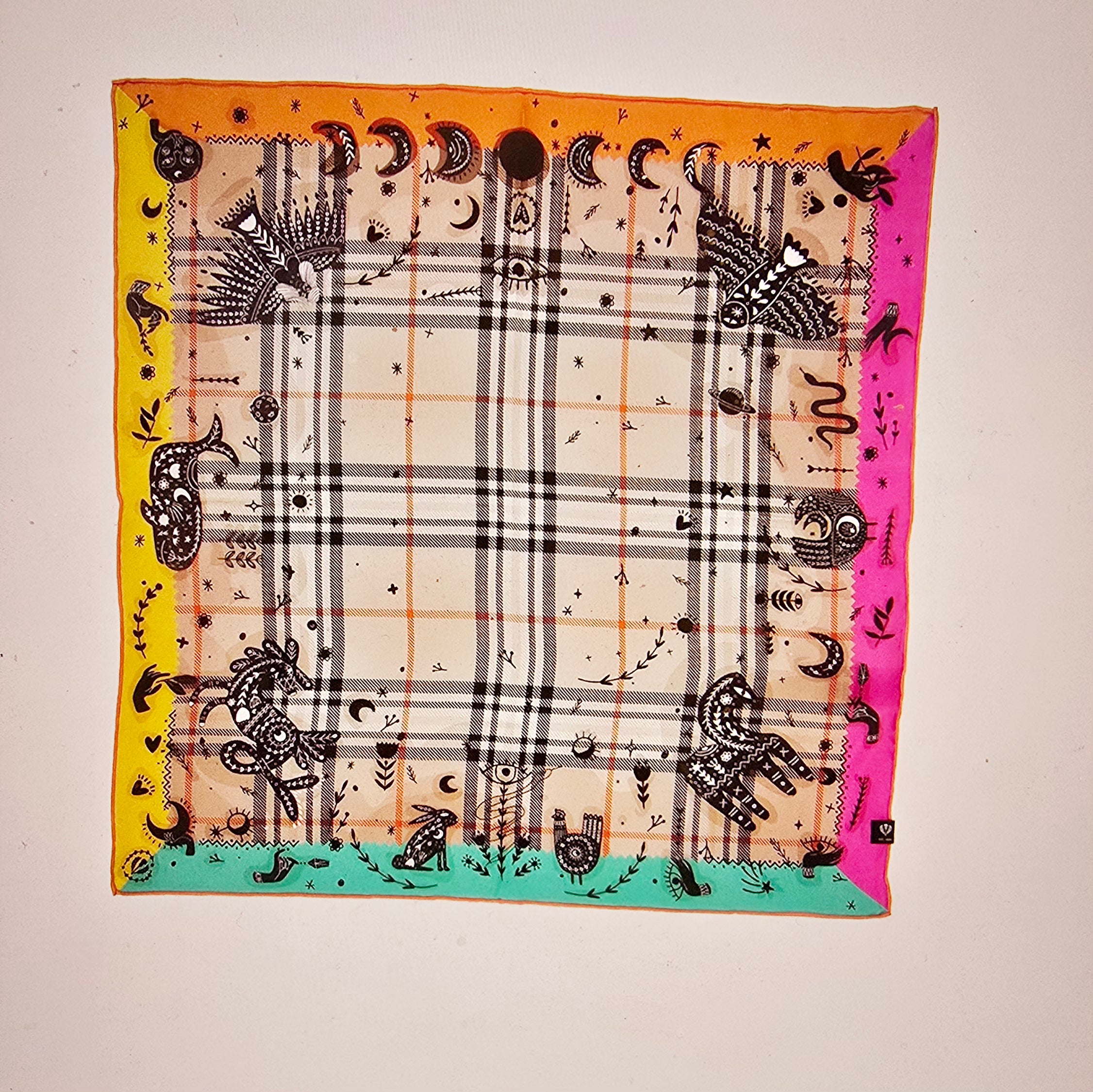 FRAAS - 100% Silk Scarf Square - Plaid Check & Ethnic Print