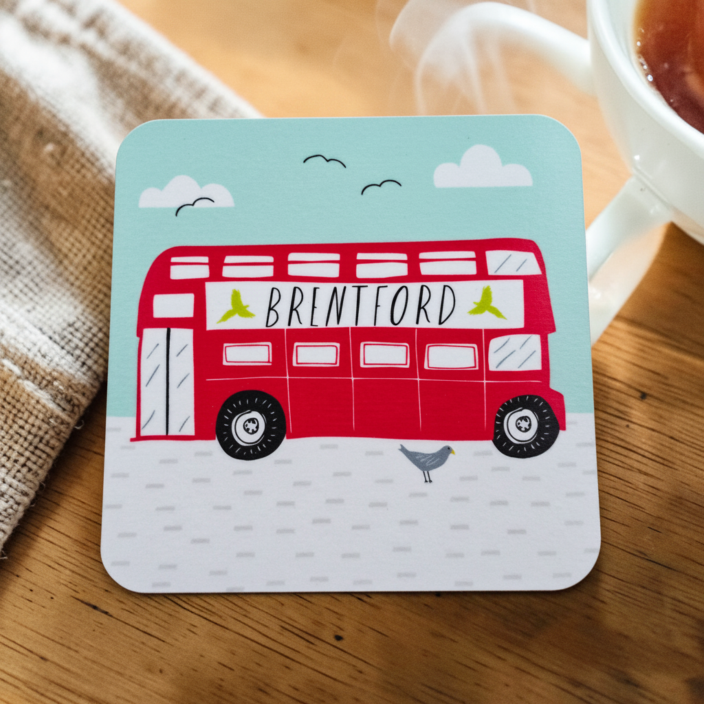 Coaster with a red bus design and 'Brentford' text on a wooden surface.