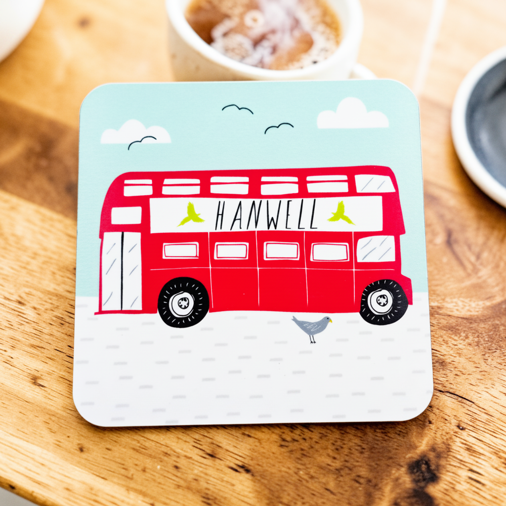 Coaster with a red bus design and 'Hanwell' text on a wooden surface.
