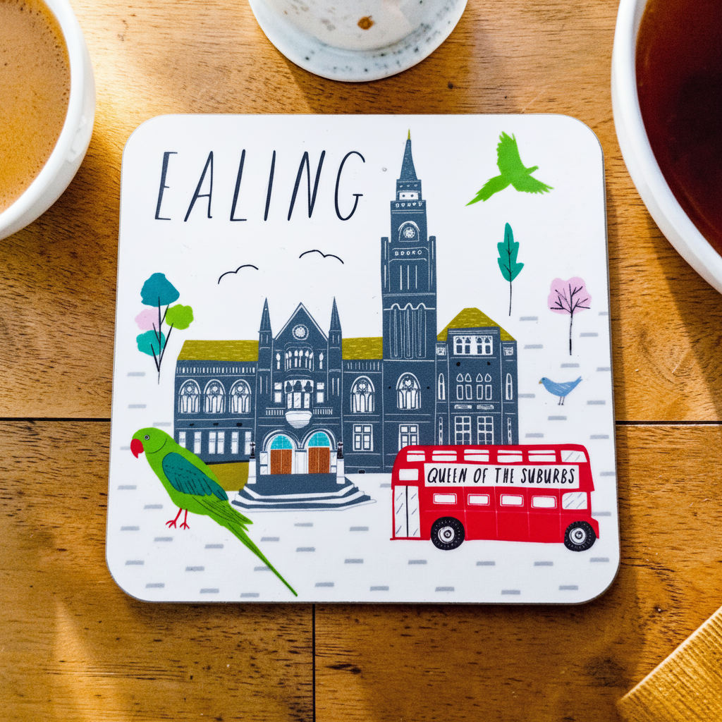Coaster with 'Ealing' design featuring a building, red bus, and green parrot on a wooden surface.