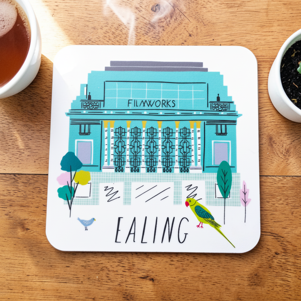 Coaster with illustration of a building labeled 'Filmworks Ciinema Ealing' on a wooden surface with a cup and plant.