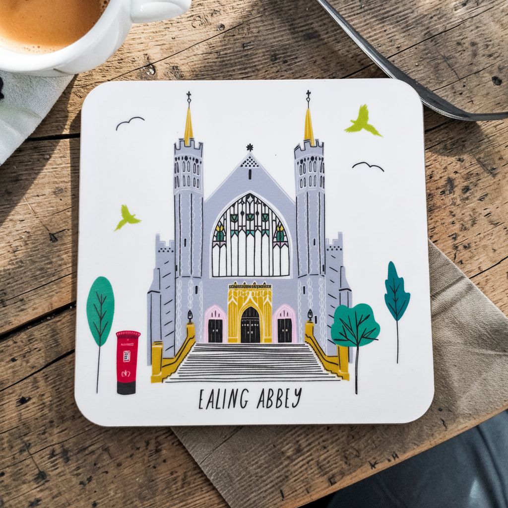 Coaster with illustration of Ealing Abbey on a wooden surface with a cup of coffee.