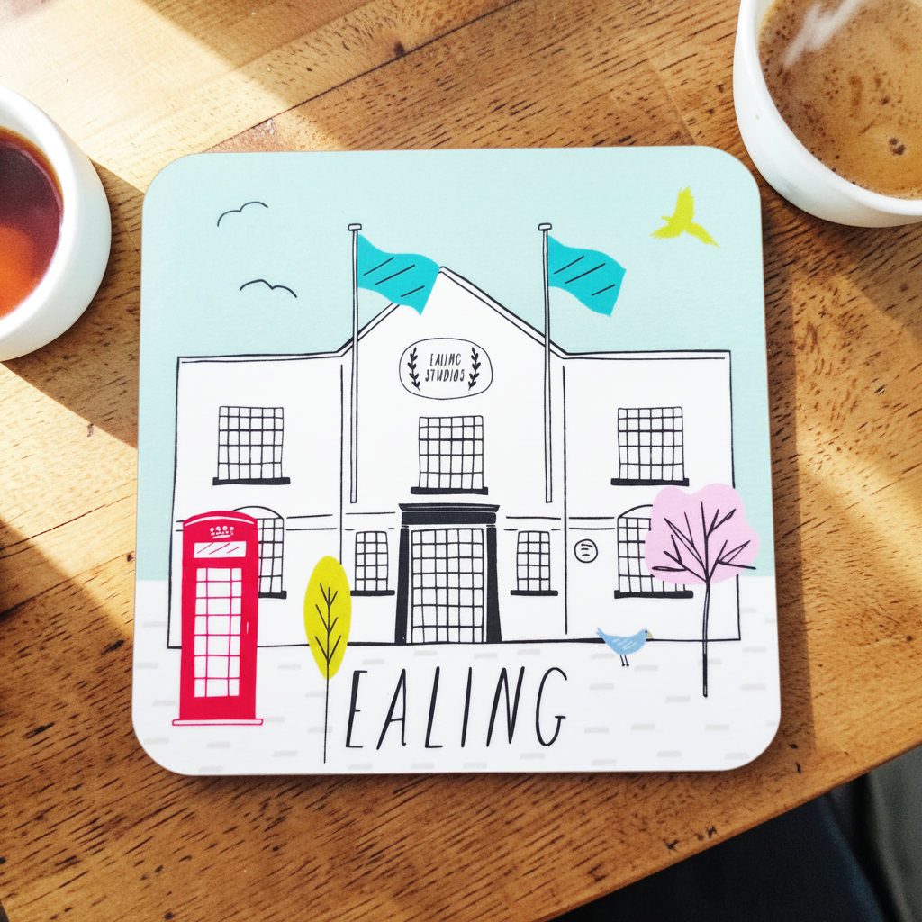 Coaster with an illustration of Ealing Studios design on a wooden table with tea.