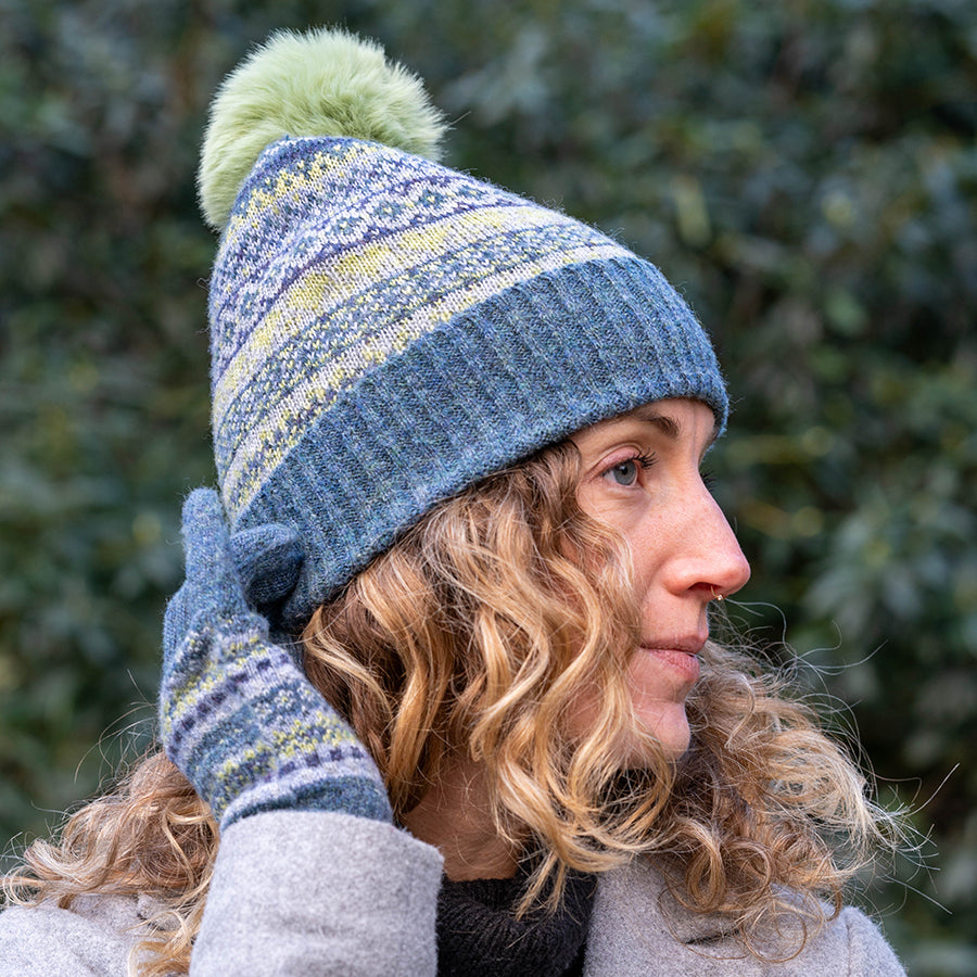 POM - Blue and Sage Fair Isle Bobble Hat