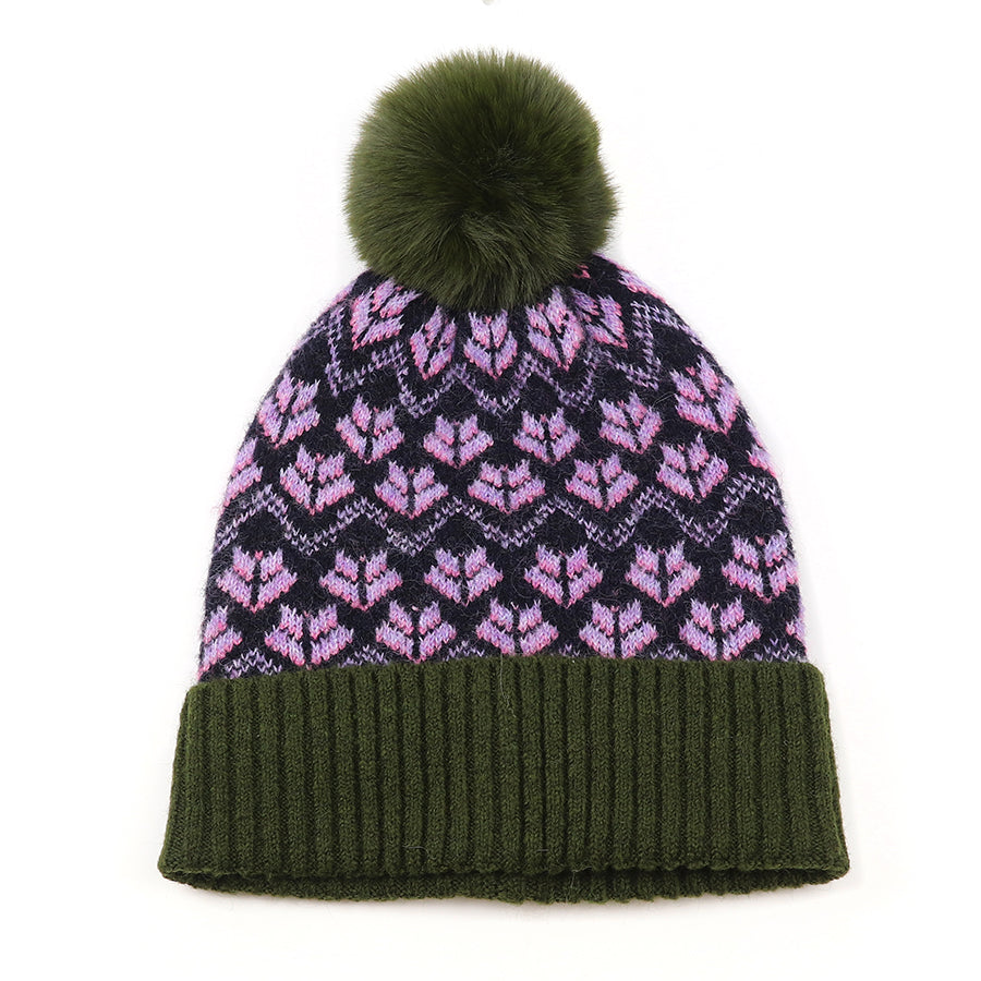 POM - Recycled green & lilac Scandi flower bobble hat