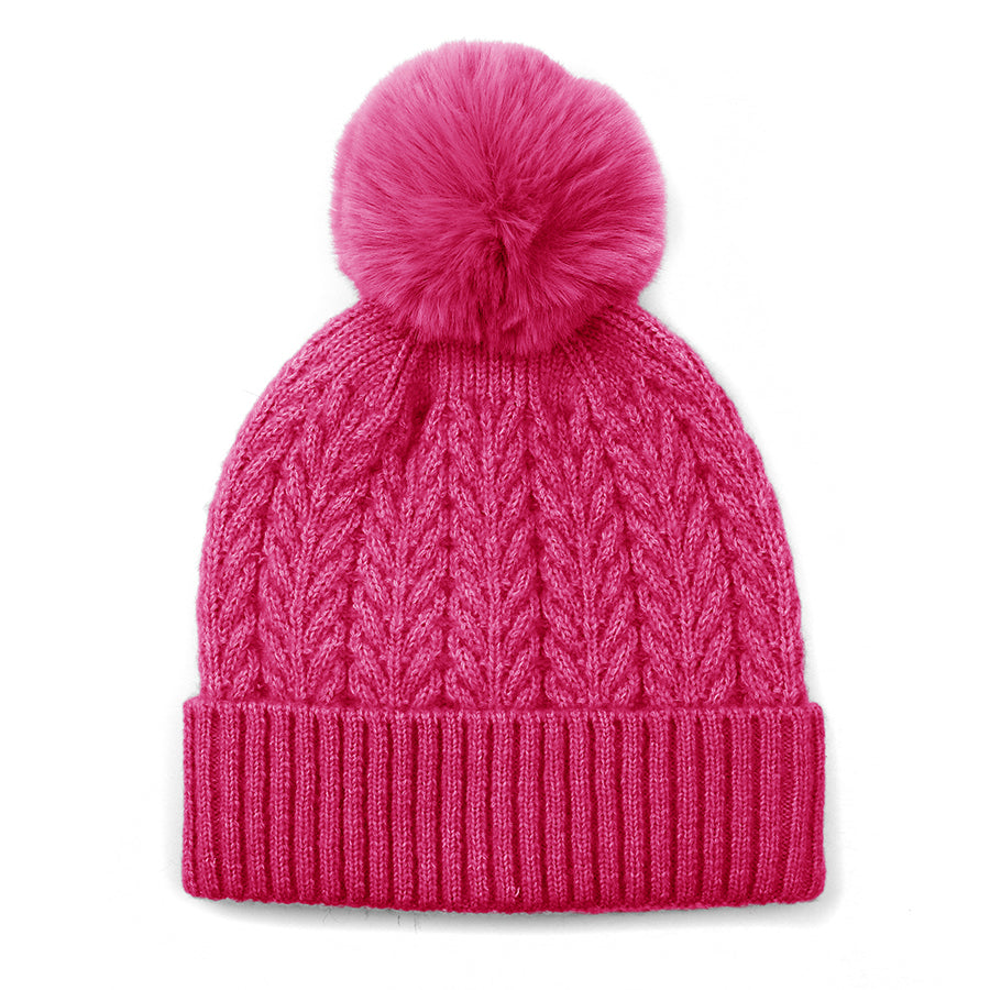 Recycled Herringbone Bobble Hat Rich Pink - POM